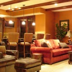 Living And In Crowded Living And Dining Space In Finished Basement Ideas With Floating Lamps Basement Finished Basement Ideas For Cozy Additional Living Space