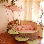 Fairy Land Room Cute Fairy Land Themed Kids Room Furniture Decorating Ideas With Pretty Round Wooden Bed Design And Cute Purple Chic Canopy Bed Also Beauteous Pendant Light Idea And Rustic Striped Wooden Flooring Furniture Composing The Special Type Of Kids Room Furniture