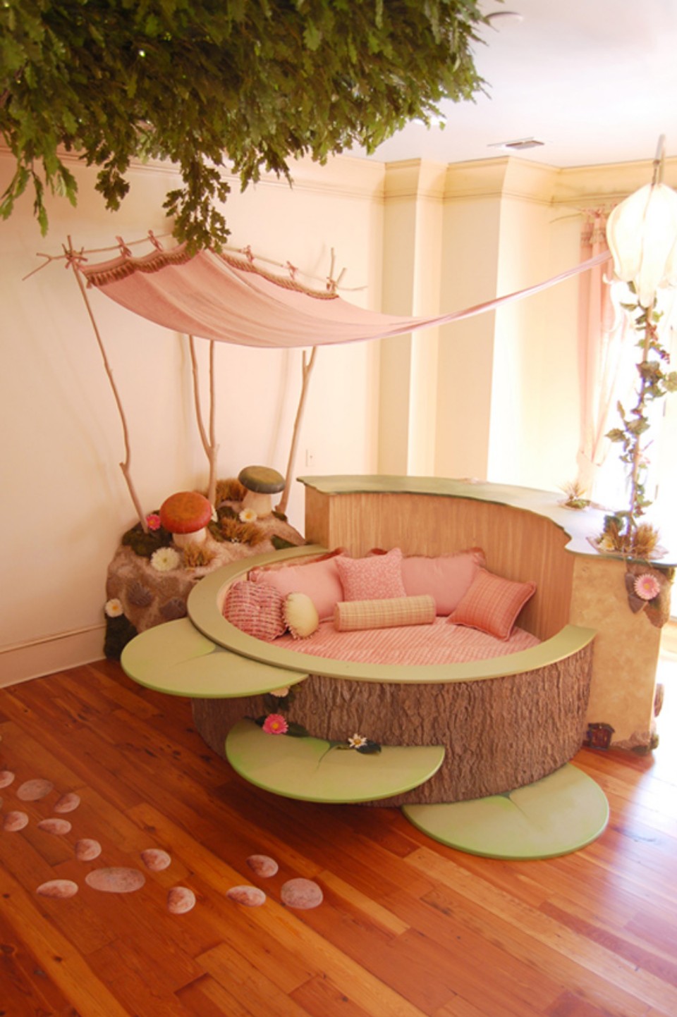 Fairy Land Room Cute Fairy Land Themed Kids Room Furniture Decorating Ideas With Pretty Round Wooden Bed Design And Cute Purple Chic Canopy Bed Also Beauteous Pendant Light Idea And Rustic Striped Wooden Flooring Furniture Composing The Special Type Of Kids Room Furniture