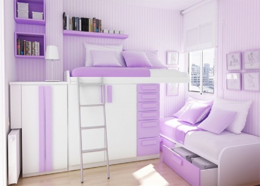 Purple And In Cute Purple And White Details In Tiny Bedroom Ideas With Floating Bookshelves On Purple Wall Bedroom Tiny Bedroom Ideas And Tips To Make The Space Looks Fancier