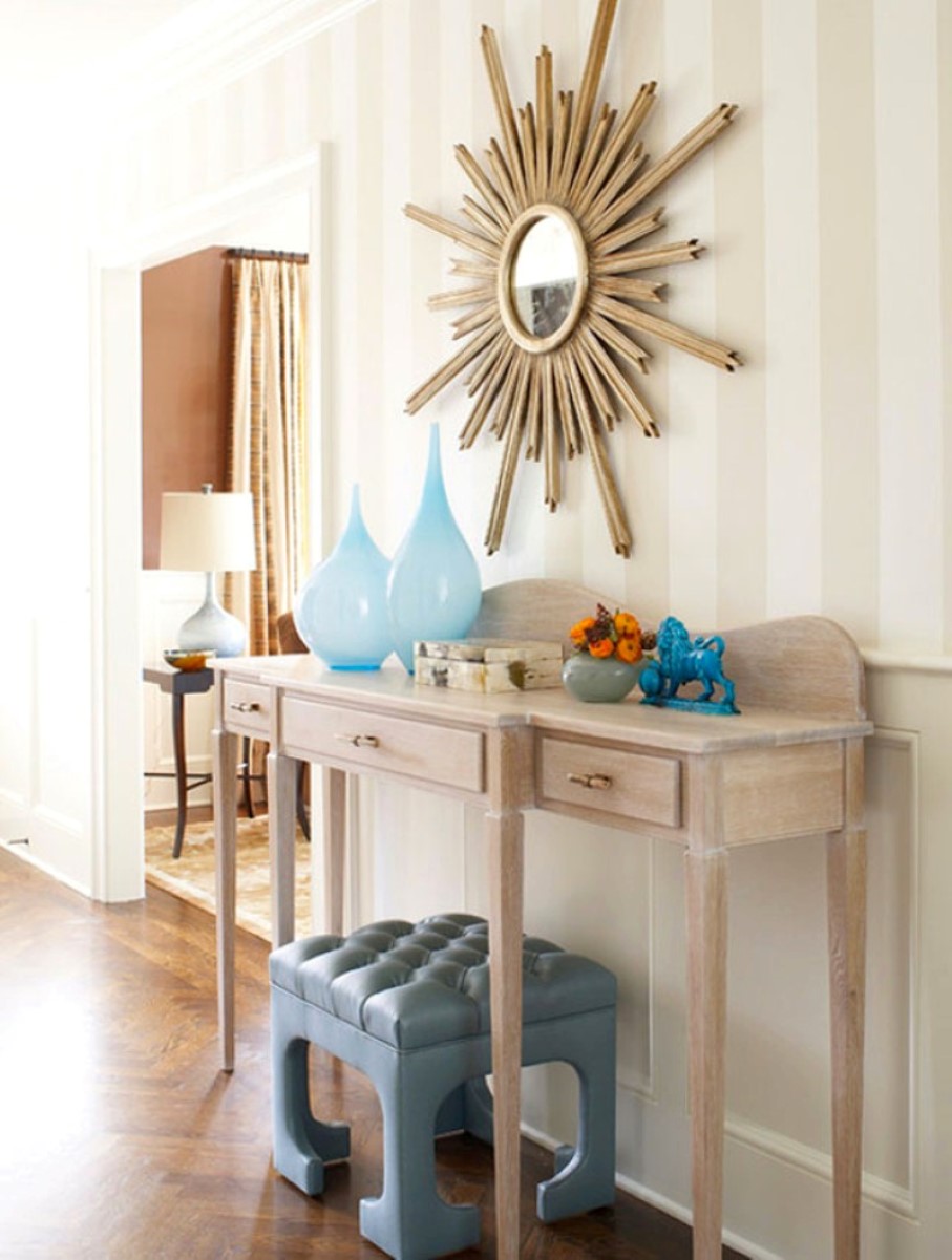 Square Upholstered Wooden Cute Square Upholstered Bench Plus Wooden Sunburst Wall Mirror Decor Idea And Pretty Long Console Table With Drawers Decoration  Long And Fascinating Console Table 