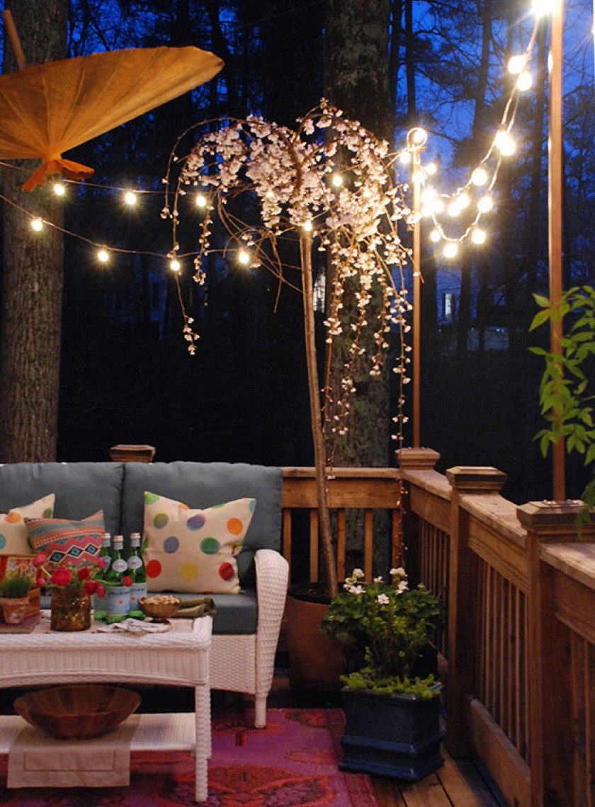 White Wicker And Cute White Wicker Furniture Set And Red Outdoor Rug Idea Plus Unique Hanging Patio Lighting  Decoration  Glowing In Glimmery With Patio Lighting Ideas 