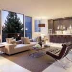 Contemporary Living Clear Dazzling Contemporary Living Room With Clear Glass Side Wall Furnished With Lounge Sofa And Dark Brown Tufted Loveseat On Rug Completed With Table And Nightstand Living Room Attractive Contemporary Living Room Design