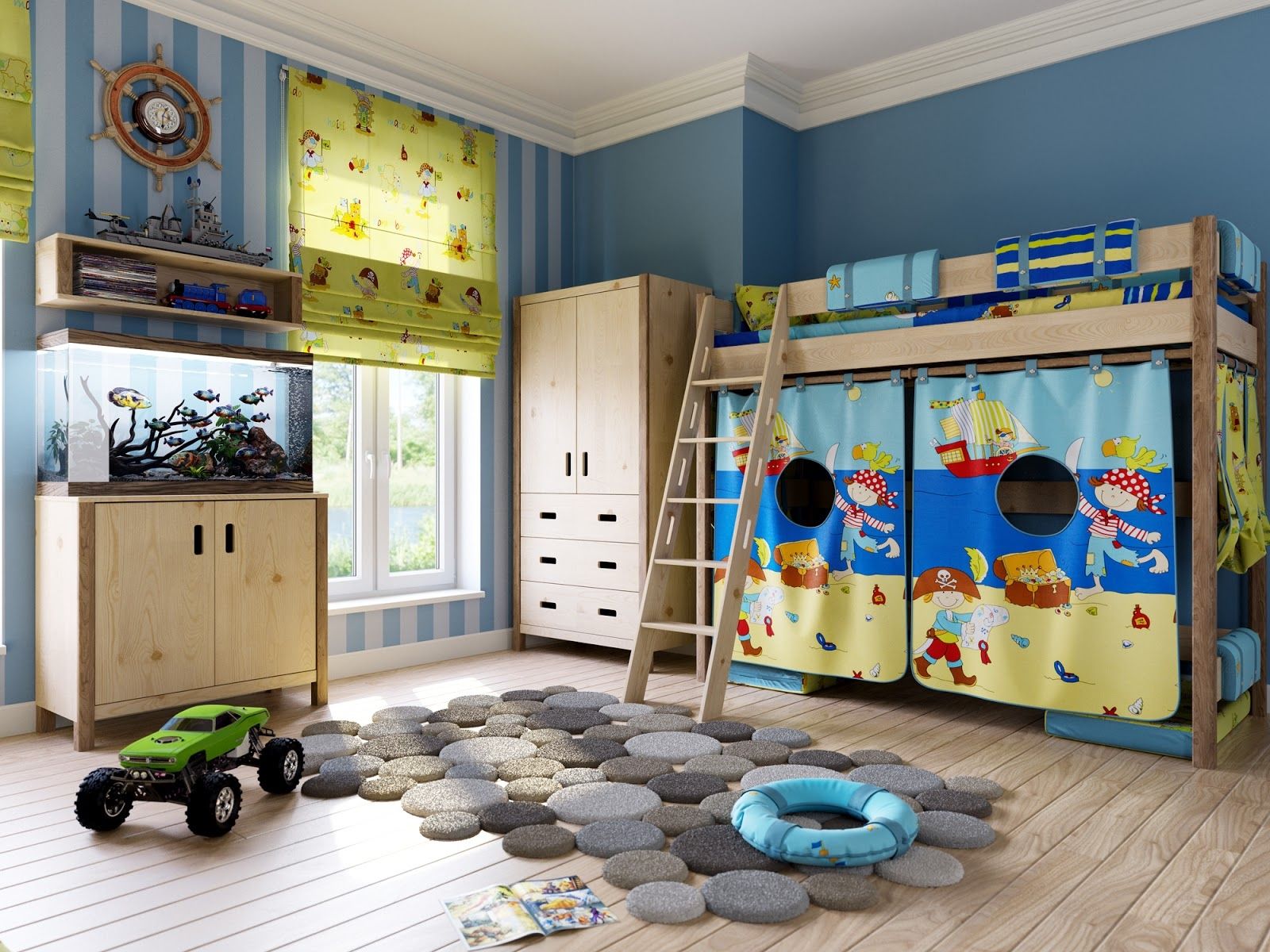 Kids Bedroom Furnitures Dazzling Kids Bedroom With Wooden Furniture Also Flooring Furnished With Unique Circle Kids Room Rugs In Stone Design Color And Completed With Bunk Bed Plus Cupboard Kids Room Kids Room Rugs: Between Classic And Modern Style