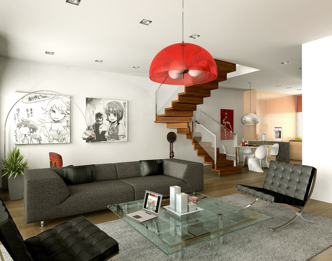 Modern Living With Dazzling Modern Living Room Decor With Big Pendant Lamp Furnished With Sofa And Black Tufted Armless Chairs Completed With Glass Table On Thick Rug Living Room Beautifying Living Room Decor Through The Right Room Spots