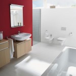 Red And Wall Dazzling Red And White Accent Wall Color With Vanity Sink Coupled By Mirror And Bathroom Fixtures Furnished By Towel Rack And Completed With Bidet Bathroom Decorating Bathroom With Bathroom Fixtures