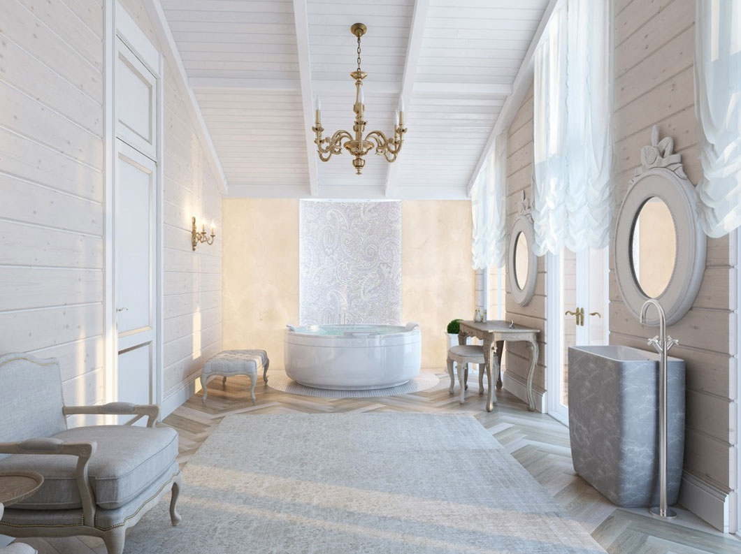 White Room With Dazzling White Room Color Ideas With Bathroom Lighting Fixtures Completed With Round Bathtub And Bench Furnished With Wooden Vanity And High Sink Coupled By Circle Mirrors Bathroom The Greatnesses Of Bathroom Lighting Fixtures