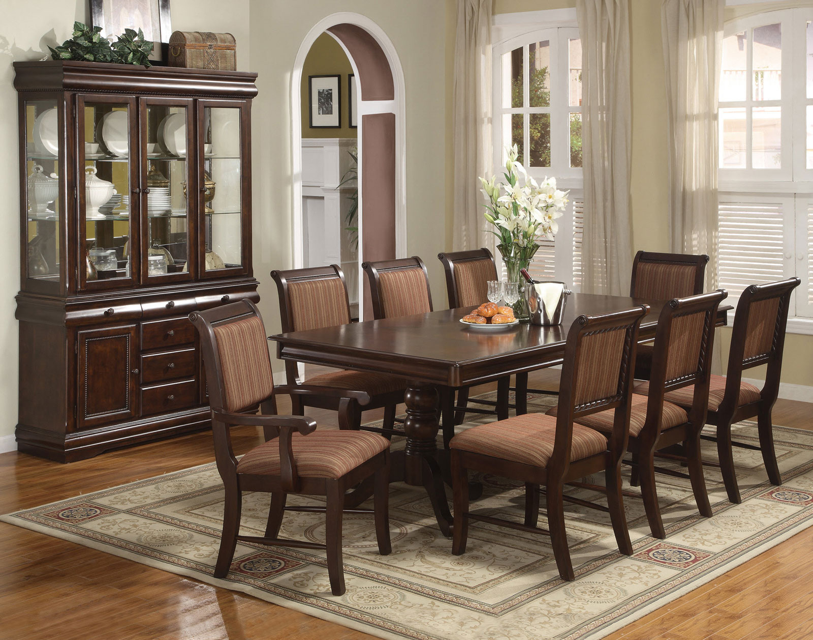 Wooden Furnitures Brown Dazzling Wooden Furniture In Dark Brown Color Of Contemporary Dining Room Sets With Table And Chairs On Rug Completed With Vase Table Decoration Dining Room The Design Contemporary Dining Room Sets