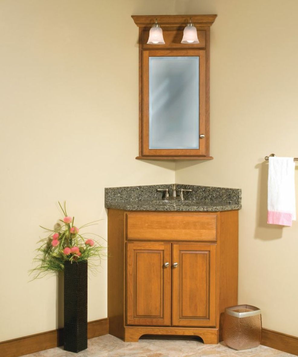 Corner Bathroom With Delectable Corner Bathroom Vanity Design With Grey Countertop Under Single Mirror Plus Branched Lamp Bathroom Corner Bathroom Vanity Giving Unique Effect For Small Bathroom Design