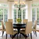 Room Present And Dining Room Present Vintage Chandelier And Upholstered Beige Chairs Feat Creative Wooden Curtain Rod Plus Cool Round Table Design Decoration  Wooden Curtain Rods For Your Curtain Stylish Looks 