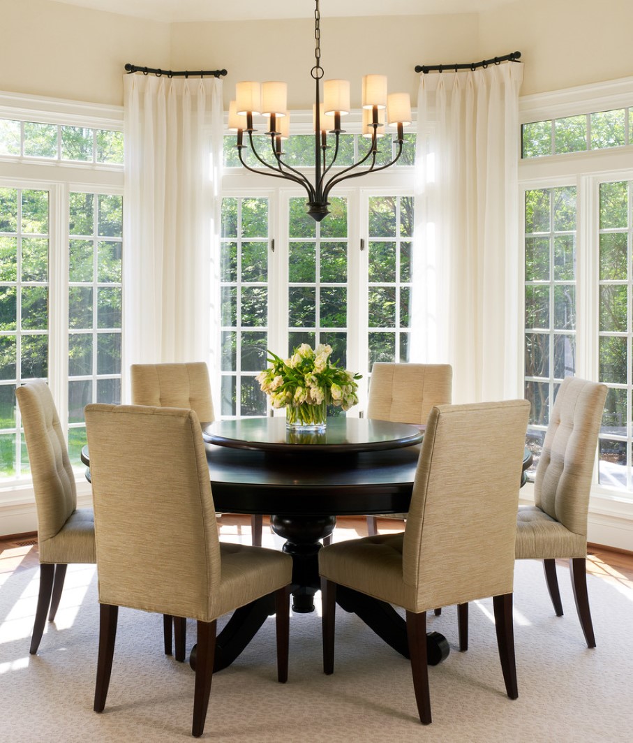 Room Present And Dining Room Present Vintage Chandelier And Upholstered Beige Chairs Feat Creative Wooden Curtain Rod Plus Cool Round Table Design Decoration  Wooden Curtain Rods For Your Curtain Stylish Looks 