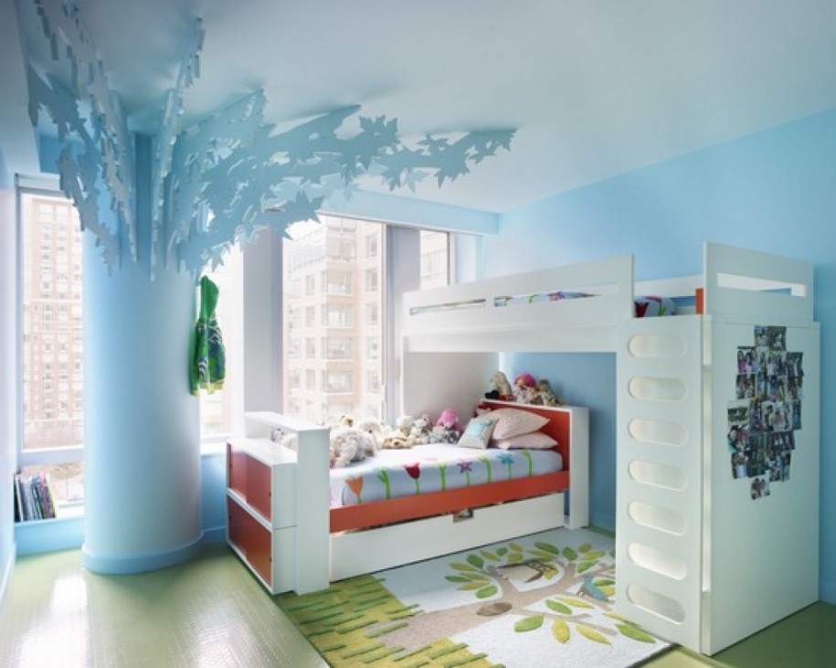 Blue Bedroom On Divine Blue Bedroom Theme Focus On White Bunk Bed Cabinet Green Rug Blue Wall Paint Kids Room 10 Cool Kids Bedroom Ideas And Style To Develop Good Behavior