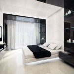 Bed Between Inside Double Bed Between Glass Shelf Inside Black And White Bedroom With LCD TV Above Wall Mount Black And White Bedroom Design For Welcoming Nuance