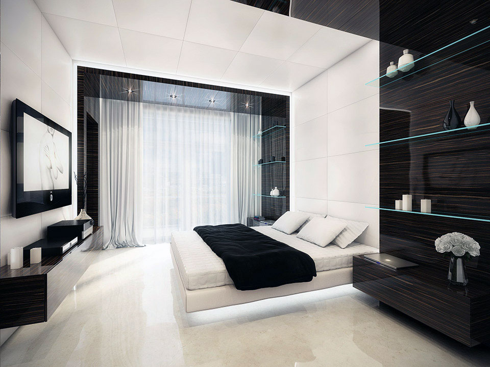 Bed Between Inside Double Bed Between Glass Shelf Inside Black And White Bedroom With LCD TV Above Wall Mount Black And White Bedroom Design For Welcoming Nuance