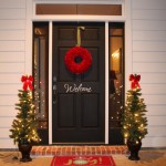Outdoor Christmas Twin Elegant Outdoor Christmas Decor With Twin Potted Trees Plus Sparkling Lights Feat Modern Wood Entry Door With Red Wreath Exterior Creating Wooden Entry Doors With Beautiful Views