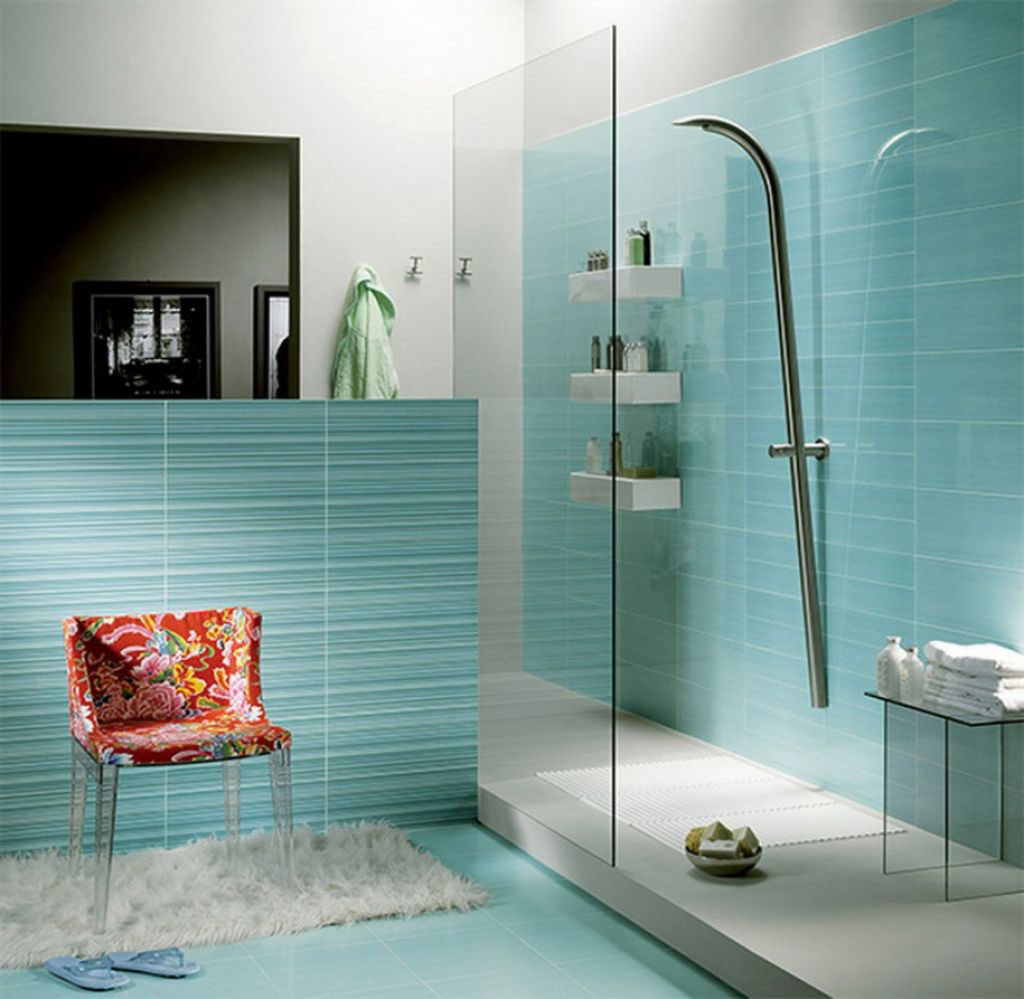 Bathroom Applying Blue Enchanting Bathroom Applying White And Blue Color Ideas Completed With Clear Glass Divider Room Furnished With Towel On Ghost Table And Ghost Chair On Soft Rug Bathroom Bathroom Storage Ideas For Your Comfortable Bathroom