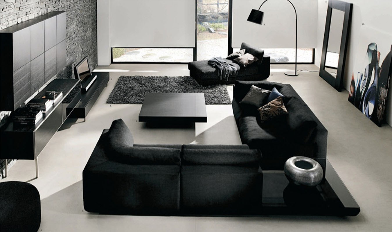 Black And Interior Enchanting Black And White Home Interior Design For Living Room With Exquisite Black Brick Walls And Modern Black Sofa Set Design Also Elegance White Floor Plus Black Feather Carpet Furniture Selecting Beautiful Furniture For Home Interior Design