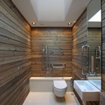 Contemporary Bathroom Wall Enchanting Contemporary Bathroom Applying Wooden Wall Design Ideas Completed With Bidet And Wall Sink Coupled By Mirror And Furnished With Bathroom Fixtures Bathroom Decorating Bathroom With Bathroom Fixtures