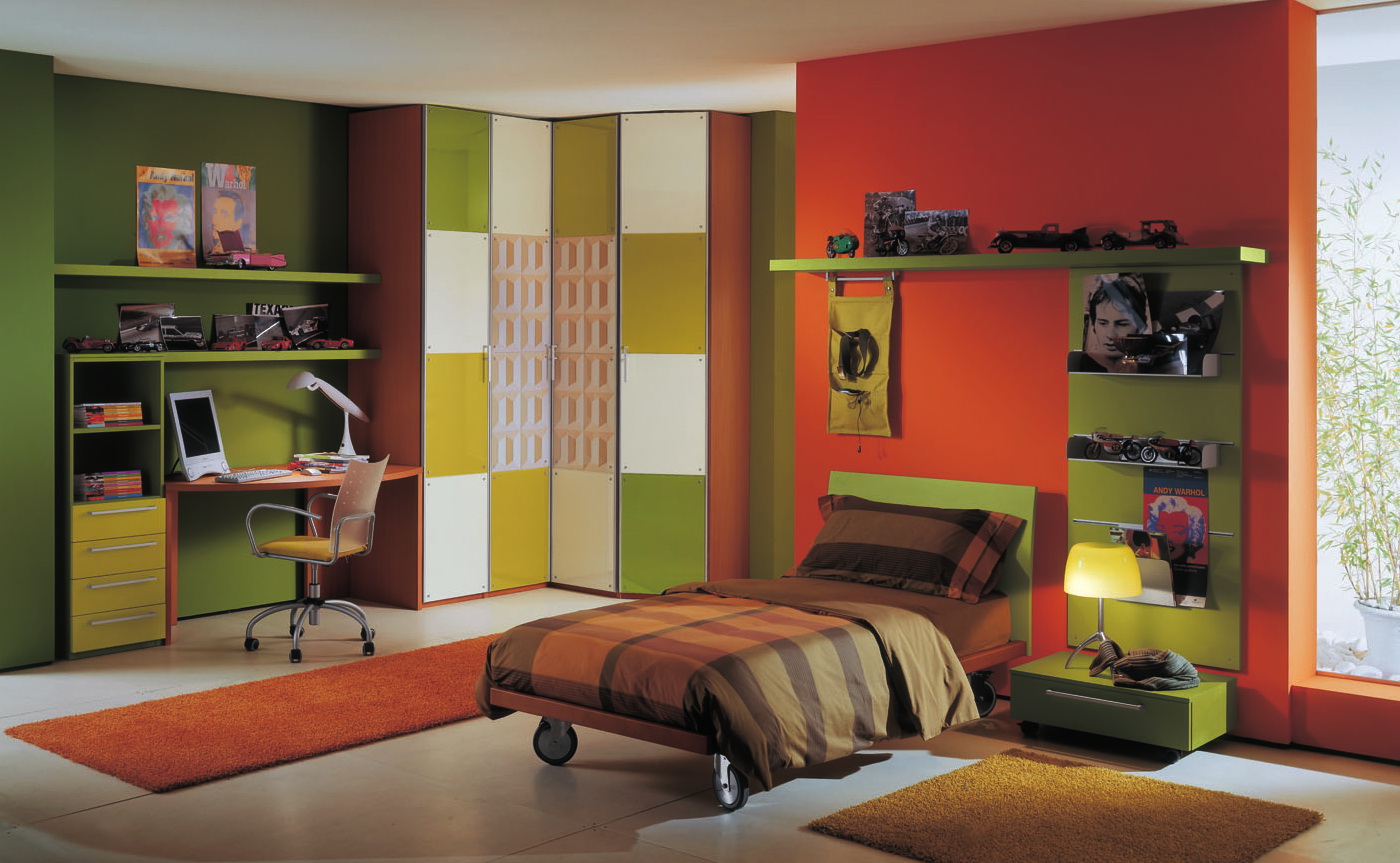 Contemporary Boys With Enchanting Contemporary Boys Bedroom Ideas With Orange And Green Accent Wall Color Furnished With Single Bed Applying Roll Platform Design Also Completed With Desk And Office Chair Bedroom Boys Bedroom Ideas: The Important Aspects