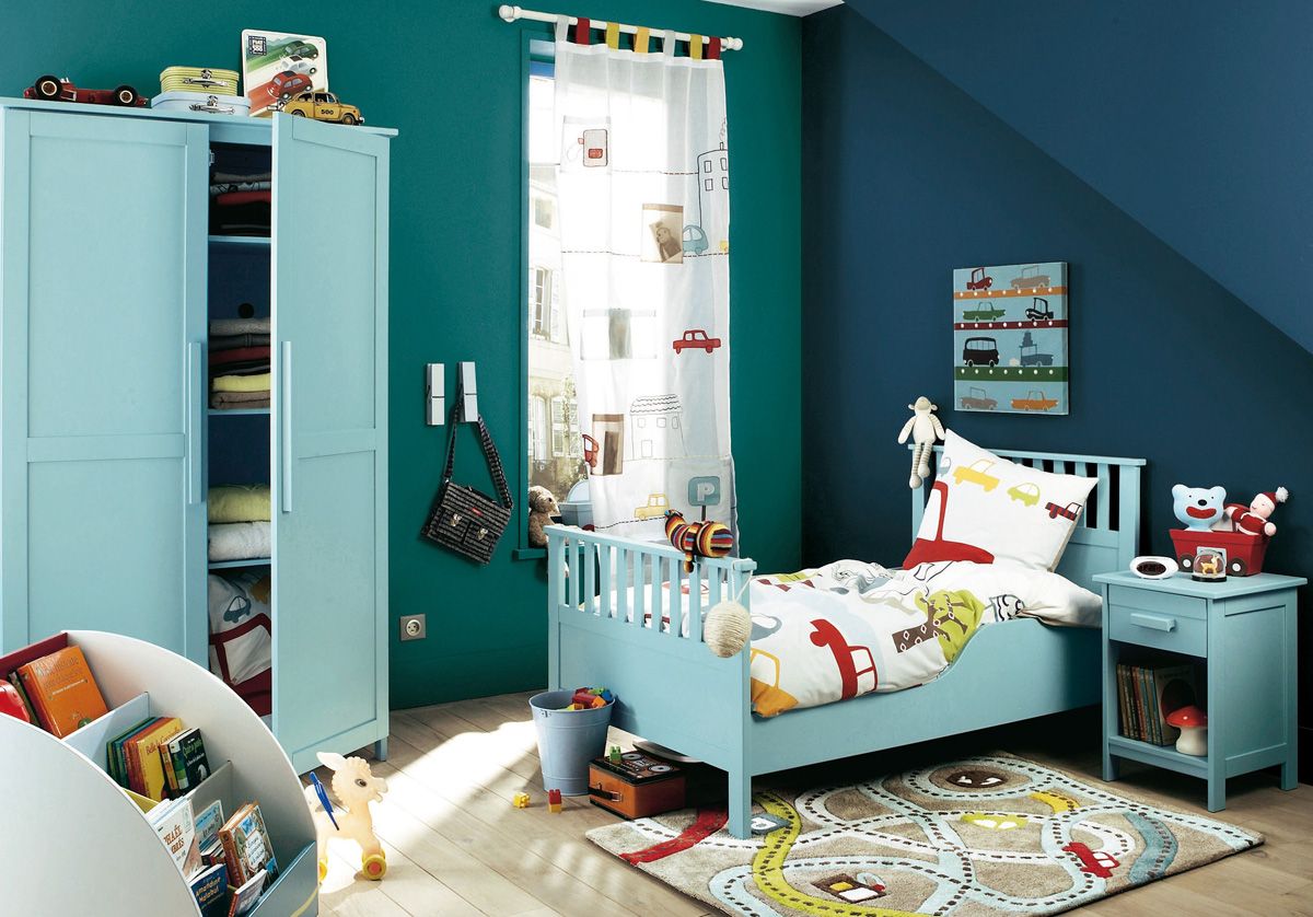 Contemporary Kids Blue Enchanting Contemporary Kids Bedroom With Blue Wall Color Furnished With Single Bed And Nightstand Completed With Thick Kids Room Rugs And Cupboard Kids Room Kids Room Rugs: Between Classic And Modern Style