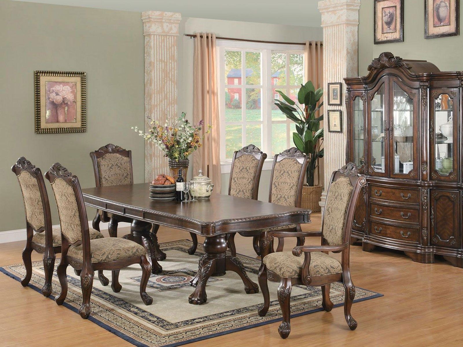 Formal Dining Applying Enchanting Formal Dining Room Sets Applying Wooden Furniture With Dining Table And Cupboard In Brown Color Completed With Chairs On Rug And Decorated With Vase Flowers Dining Room Formal Dining Room Sets For Contemporary Interiors