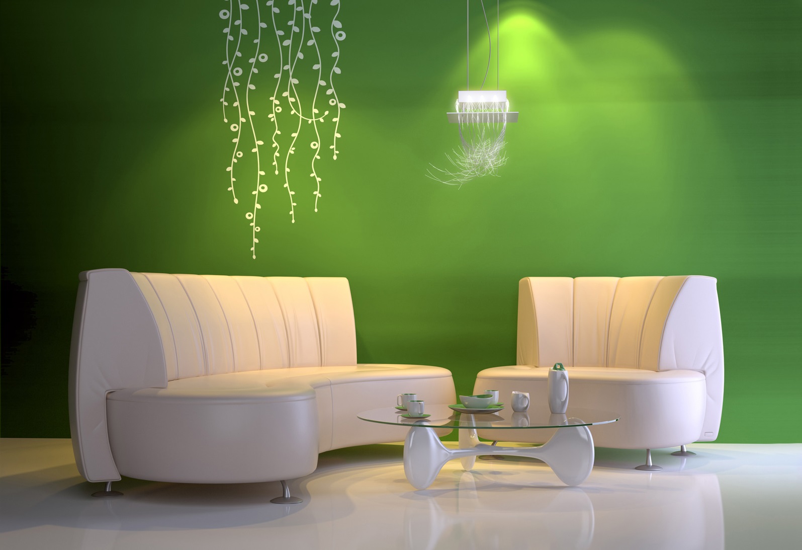 Green Living Ideas Enchanting Green Living Room Paint Ideas With White Wall Plants Decal Furnished With Pendant Lighting Plus Completed With White Sofa And Chairs In Armless Design Living Room Modern Living Room Paint Ideas With Color Combination