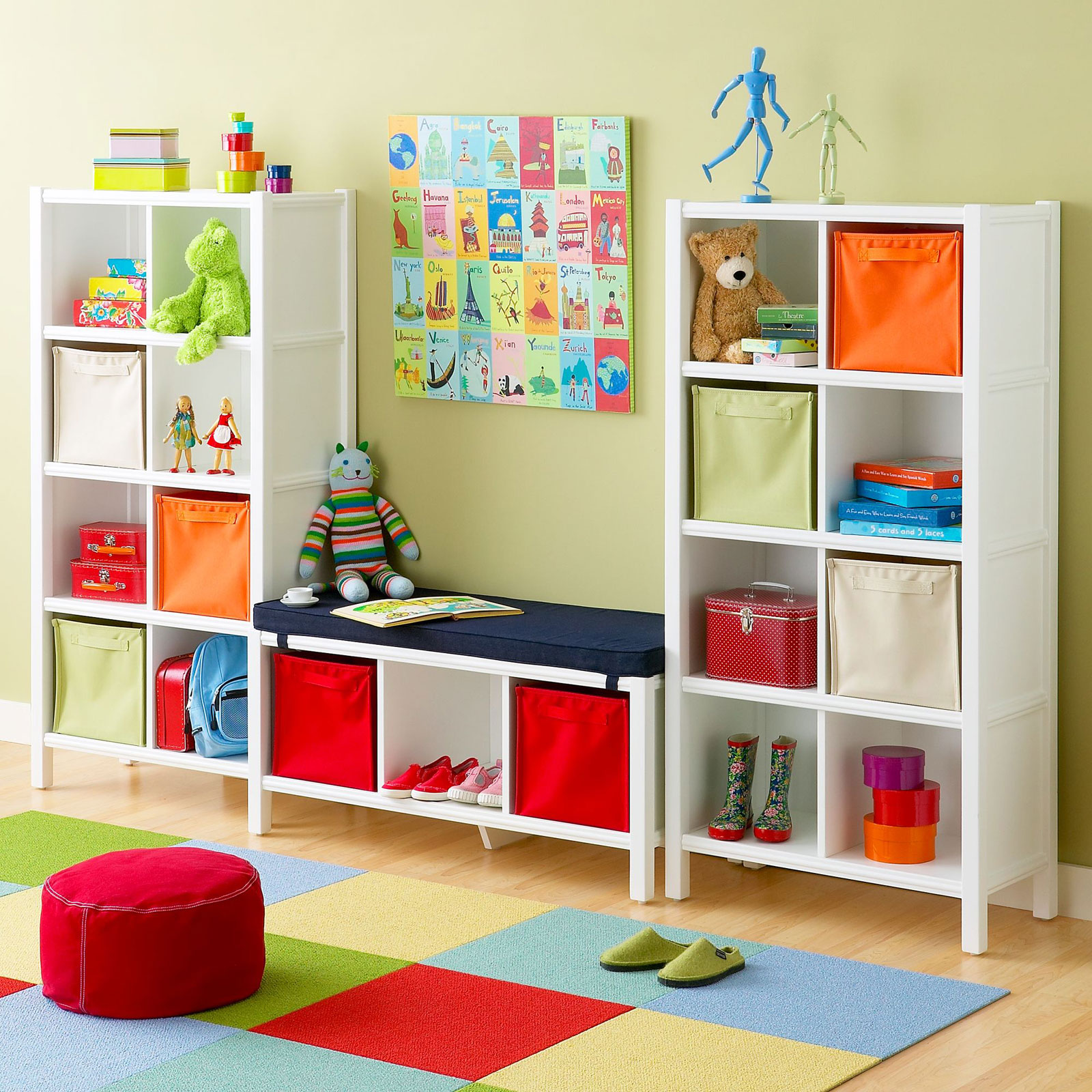 Kids Room Flooring Enchanting Kids Room Applying Wooden Flooring Combined With Green Wall Color Furnished With White Cupboards Of Kids Room Storage Completed With Colorful Rug Kids Room The Two Ideas For Making The Kids Room Storage