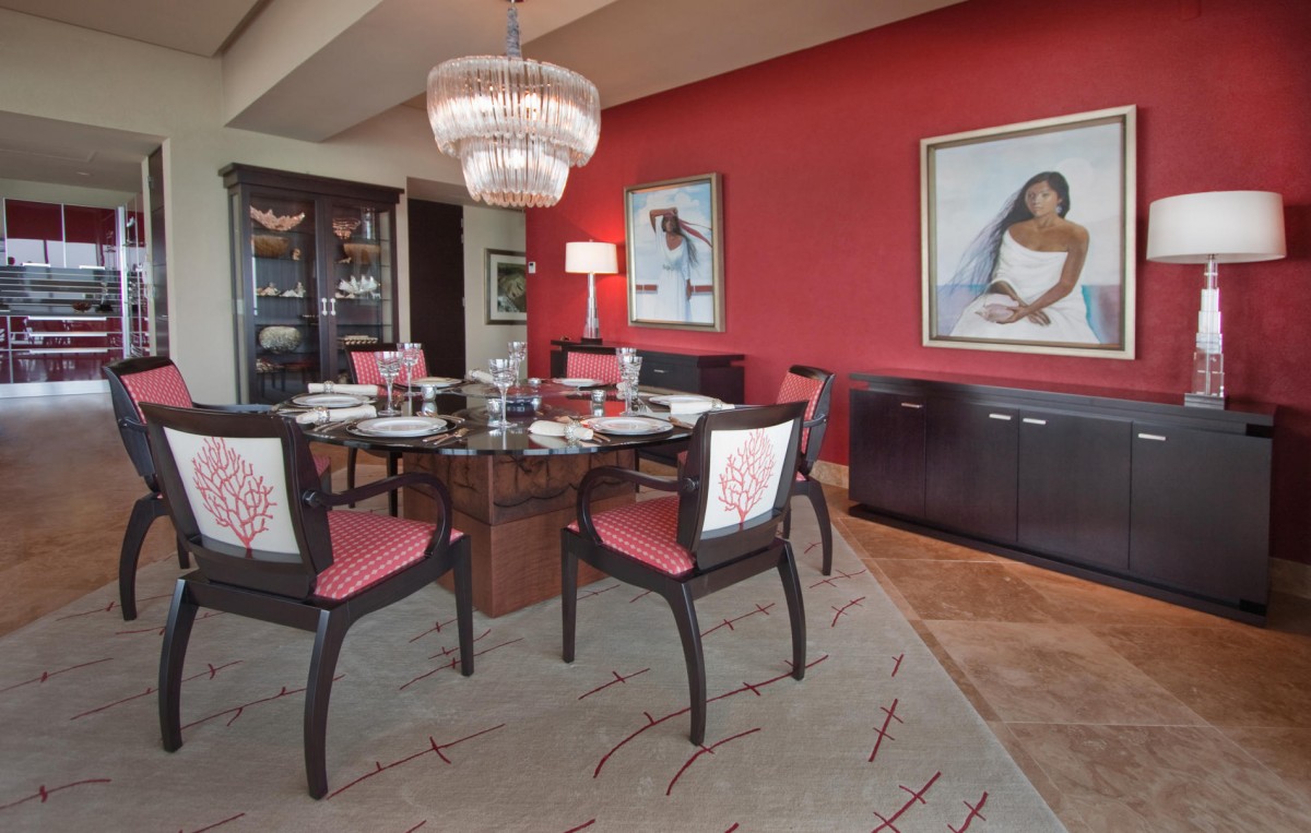Red Accent In Enchanting Red Accent Wall Color In Contemporary Dining Room With Wall Painting Decorations Completed With Chairs On Rug And Table Furnished With Dining Room Buffet Dining Room Simple And Functional Dining Room Buffet