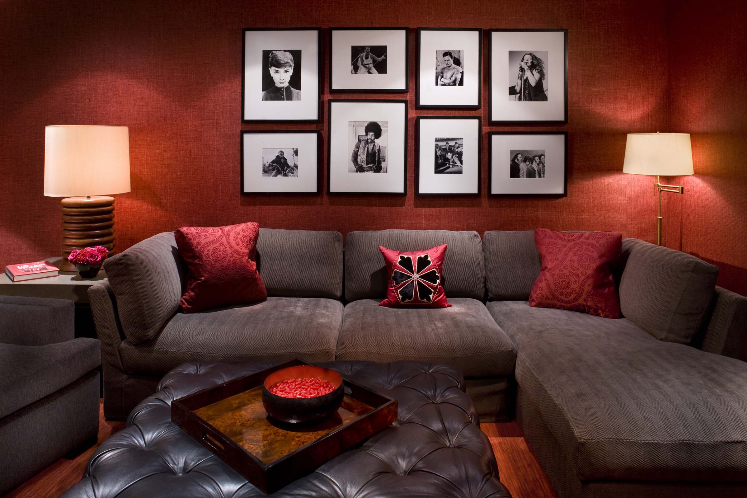 Red Living Ideas Enchanting Red Living Room Color Ideas With Wall Frame Decorations Completed With Gray Sectional Sofa And Soft Tufted Table Plus Furnished With Table Lamp On Nightstand Living Room Find The Best Living Room Color Ideas