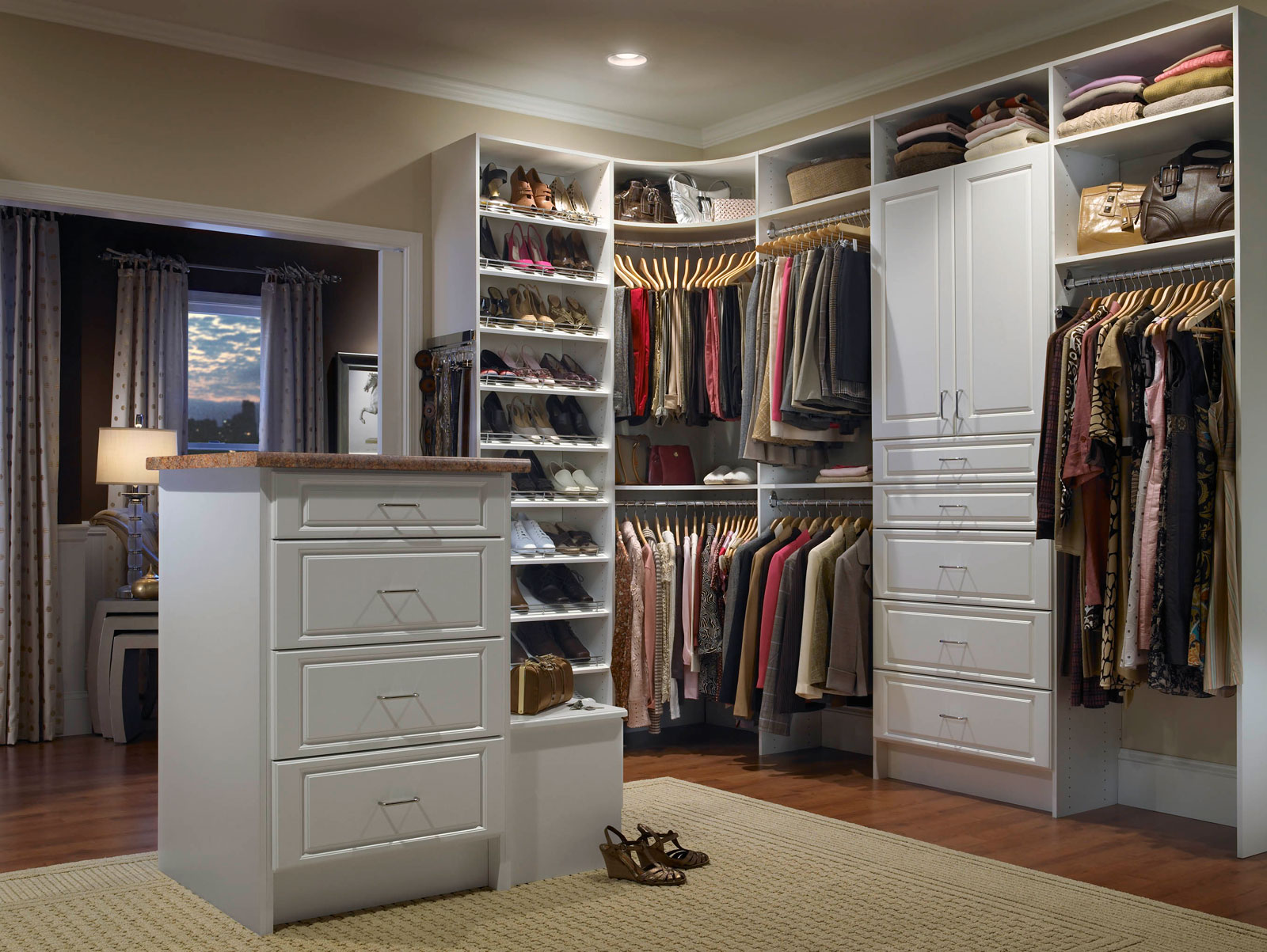 Walk In Applying Enchanting Walk In Closet Ideas Applying Wooden Flooring With Thick Rug Completed With Shoes Cabinets And Towel Rack Furnished With Ceiling Lighting Closet Walk In Closet Ideas: Enjoying Private Collection
