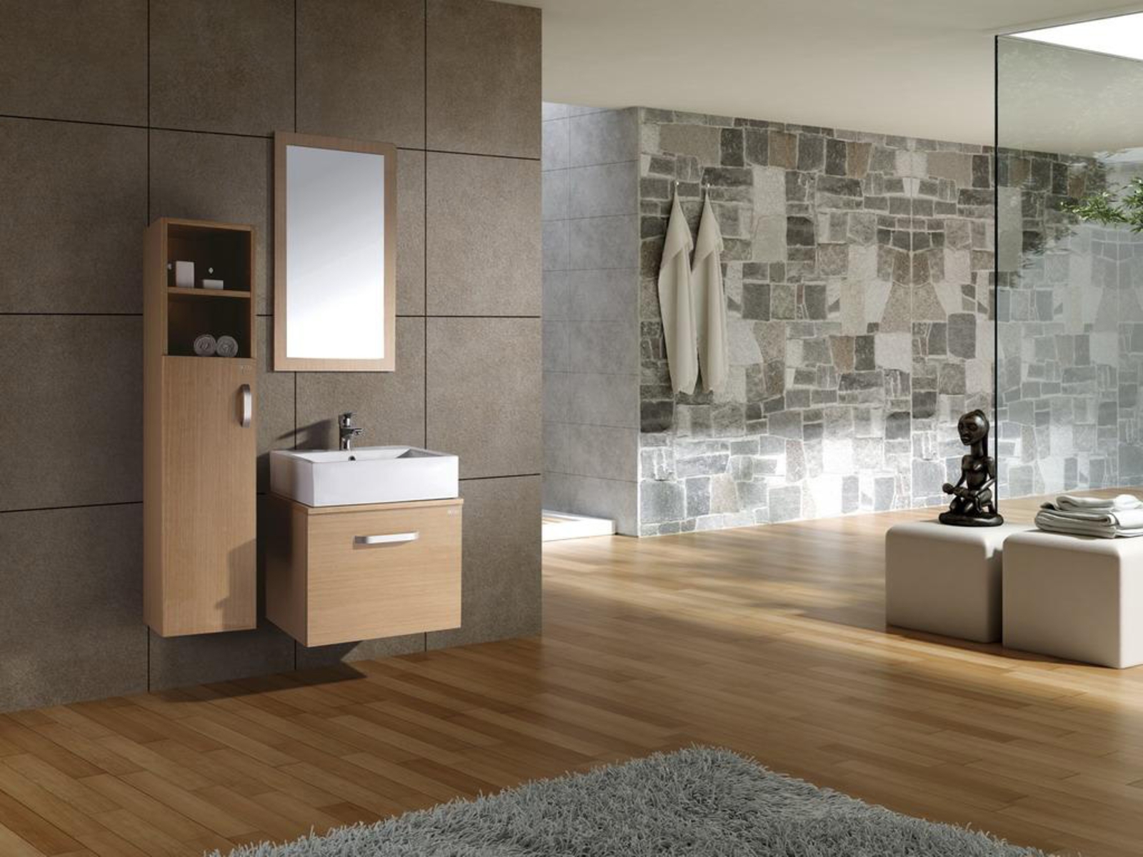 Wooden Flooring In Enchanting Wooden Flooring Design Ideas In Contemporary Bathroom Furnished With Vanity Sink Coupled By Mirror And Added With Bathroom Wall Cabinets On Side Bathroom The Best Choice For Bathroom: Bathroom Wall Cabinets
