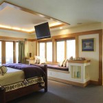 Master Bedroom Bench Endearing Master Bedroom Ideas With Bench For Couples Design And Classy Dark Wooden Bed Frame Idea Also Fair Yellow Neon Ceiling Lights Design Plus Hanging Plasma LCD Flat Screen TV Bedroom Master Bedroom Ideas: Considering The Aspects