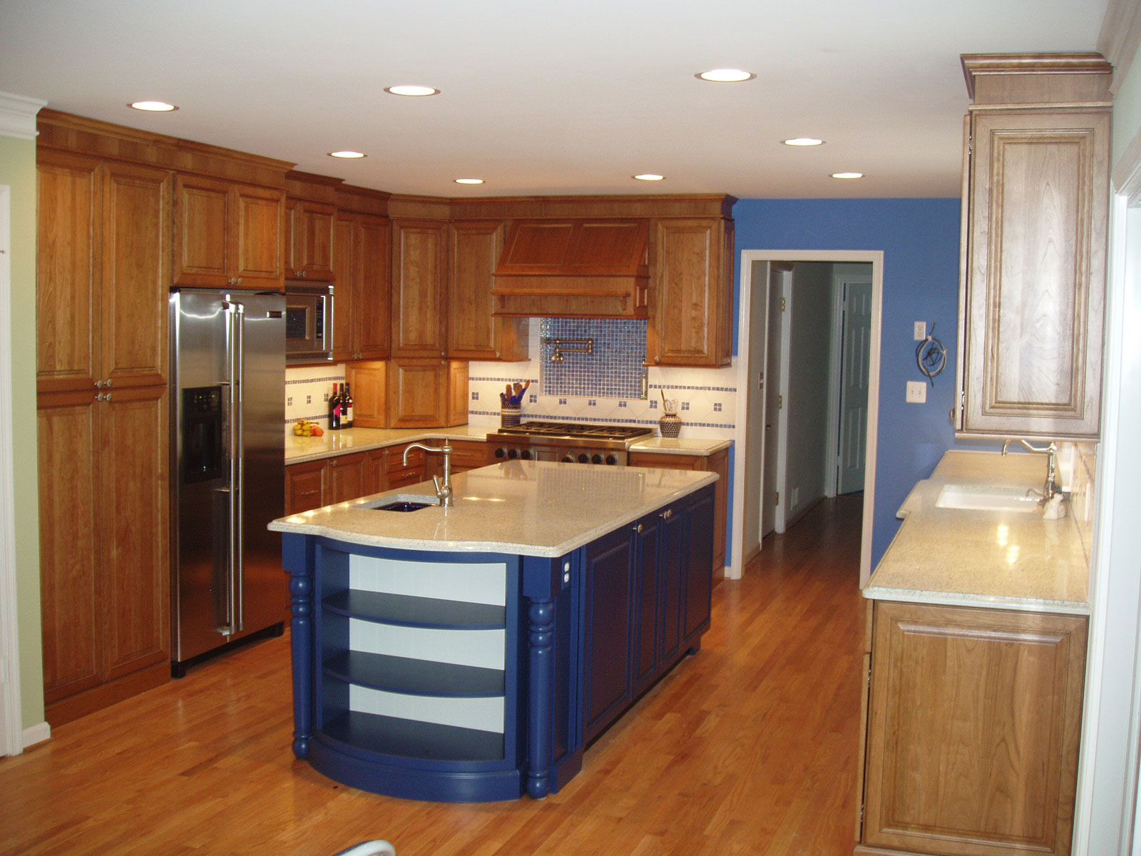Blue Kitchen Combined Excellent Blue Kitchen Island Ideas Combined With White Marble On Top Design Furnished With Sink And Completed With Silver Refrigerator On Cupboard Kitchen Get The Beautiful Kitchen Island Ideas