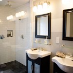 Double Vanity Dual Excellent Double Vanity Sink Applying Dual Handle Faucet Completed With Wall Cabinet And Bathroom Fixtures Furnished With Mirror And Wall Sconce Bathroom Decorating Bathroom With Bathroom Fixtures