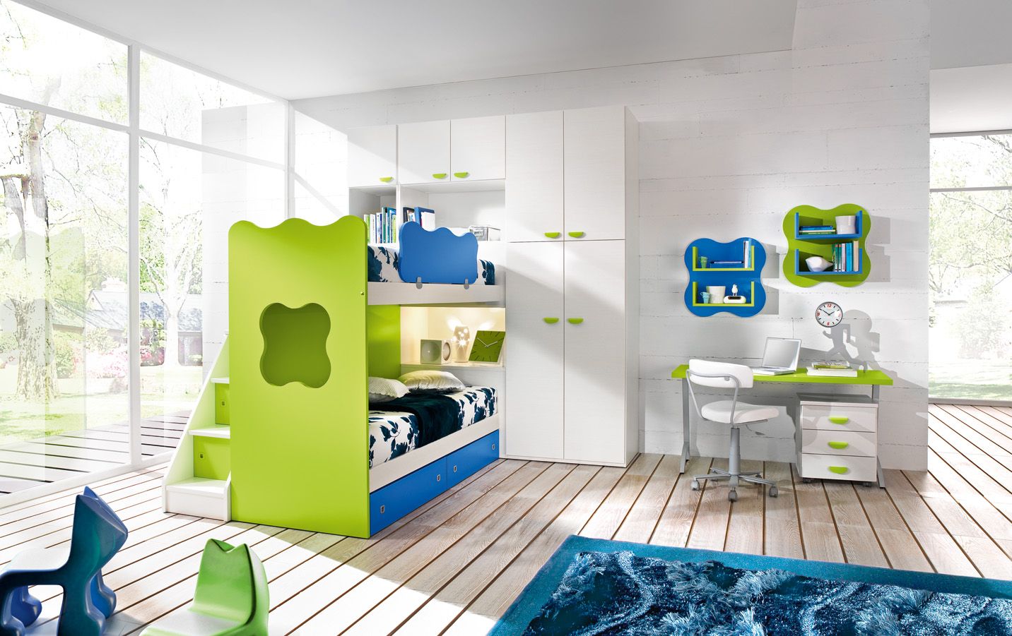 Glass Side With Excellent Glass Side Wall Combined With White Wall Color And Wooden Flooring Furnished With Amusing Twin Bunk Bed And Completed With Desk Sets Kids Room 15 Trendy Kids Room Ideas For The Bold Modern Home