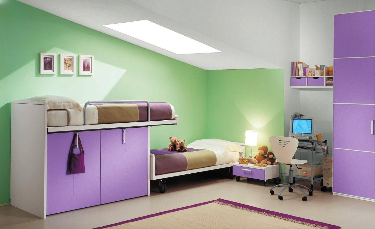 Green Wall Purple Excellent Green Wall Color With Purple Furniture Of Kids Chat Rooms Furnished With Bunk Beds Combined With Cupboards And Completed With Nightstand And Desk Kids Room Design And Furniture Of Kids Chat Rooms