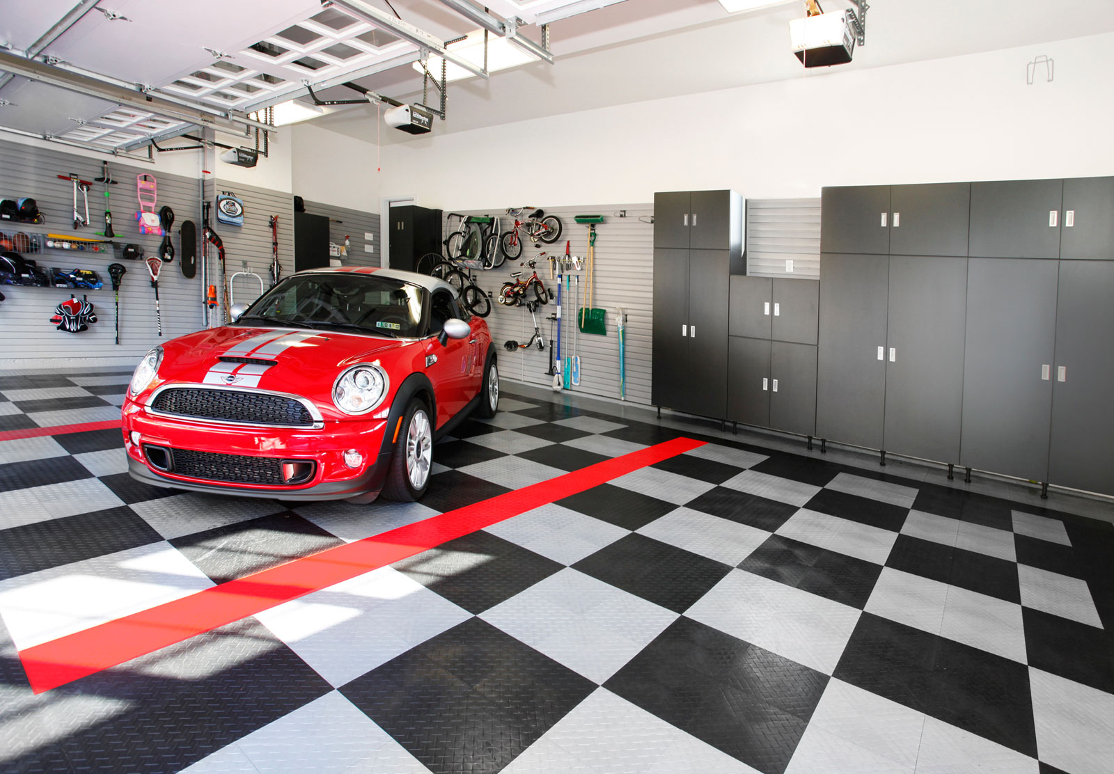 Garage Design With Excellent Minimalist Garage Design Ideas Decorated With Astounding Contemporary Style Using Black And White Tile Flooring And Grey Cabinet Decoration Garage Design Ideas With Cabinet And Hanger Compartment For The Sake Of Good Arrangement