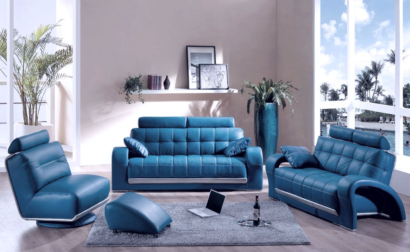 Modern Living Blue Excellent Modern Living Room With Blue Leather Sofa Completed With Living Room Chairs And Ottoman Also Furnished With Soft Thick Rug Furniture Finding Stylish Furniture As Living Room Chairs