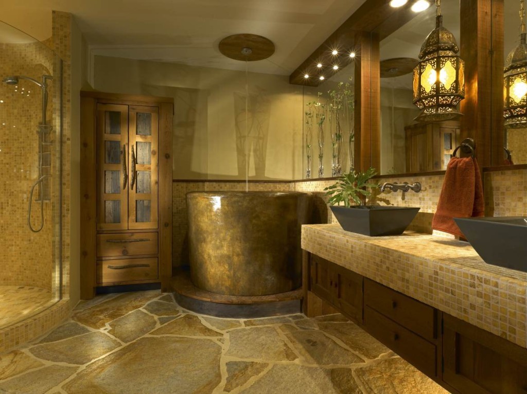 Stone Design In Excellent Stone Design Of Flooring In Master Bathroom Ideas Completed With Elongated Vanity Double Vessel Sink Furnished With Mirrors Also Towel Rack And Hanging Lantern Lighting Bathroom Master Bathroom Ideas: Choosing The Ceramic