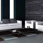 Minimalist Furnitures Living Exciting Minimalist Furniture In Modern Living Room With White Chairs And Sofa Combined With Nightstand Furnished With Double Dark Brown Table On Striped Thick Rug Living Room Modern Living Room Inspiration For Your Rich Home Decor