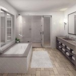 Modern Bathroom Tile Exciting Modern Bathroom With Flooring Tile Applying White Room Color Installed With Bathroom Storage Ideas Completed With Whirlpool Bathtub And Vanity Sink Coupled By Large Mirror Bathroom Bathroom Storage Ideas For Your Comfortable Bathroom