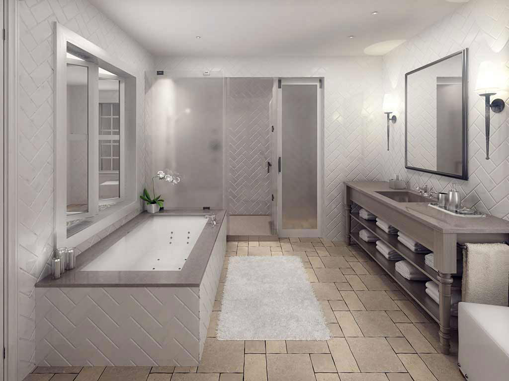 Modern Bathroom Tile Exciting Modern Bathroom With Flooring Tile Applying White Room Color Installed With Bathroom Storage Ideas Completed With Whirlpool Bathtub And Vanity Sink Coupled By Large Mirror Bathroom Bathroom Storage Ideas For Your Comfortable Bathroom