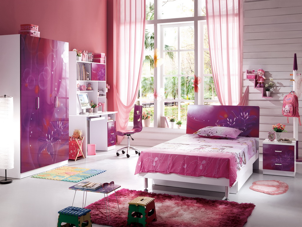 Pink And Themes Exciting Pink And Purple Color Themes Of Girls Bedroom Furniture With Single Bed And Nightstand Furnished With Desk And Chairs Also Completed With Soft Rug Bedroom Girls Bedroom Furniture: The Beach Condo Ideas