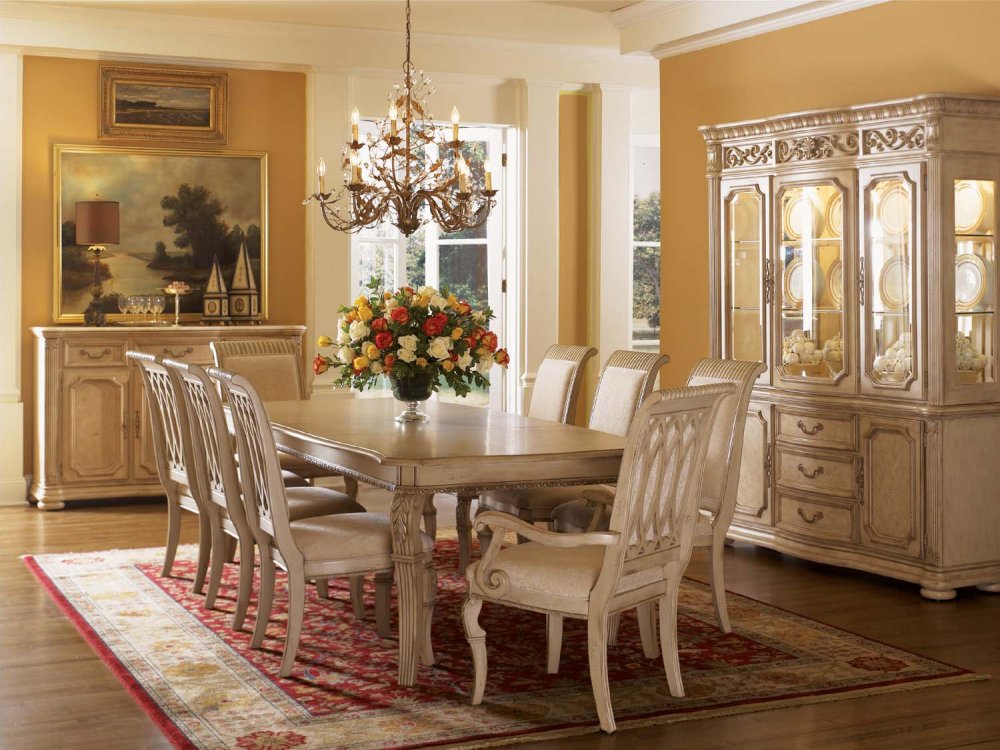 Salmon Dining White Exciting Salmon Dining Room With White Wooden Interior Set Plus Chandelier And Red Oriental Rug Decor Dining Room Various Dining Room Sets For Your Comfortable Meal Time