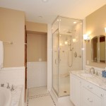 Simple Bathroom White Exciting Simple Bathroom Designs Applying White Interior With Granite Design Furnished With Clear Glass Shower Bath Completed With Bathtub And Vanity Double Bowl Sink Simple Bathroom Designs For Minimalist House