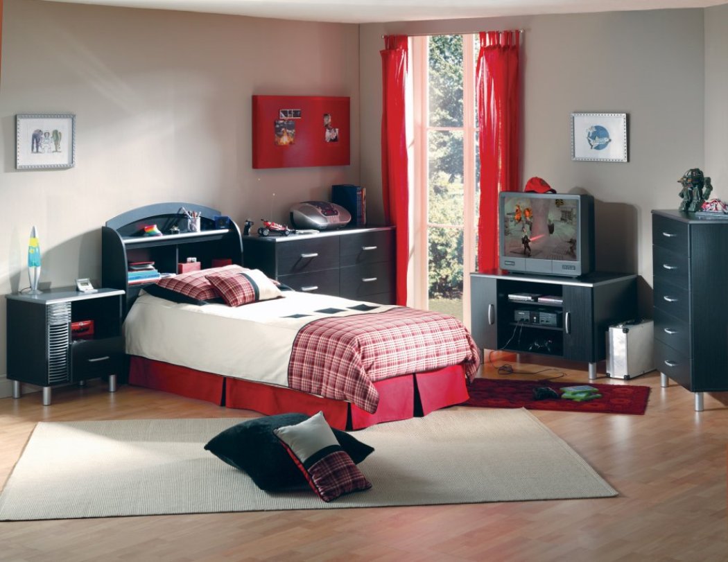 Single Bed Nightstand Exciting Single Bed And Black Nightstand Applied In Cool Kids Rooms Furnished With Cupboards And Stand TV Sets Also Completed With White And Red Rugs Kids Room Desire Behind The Creation Of Cool Kids Rooms