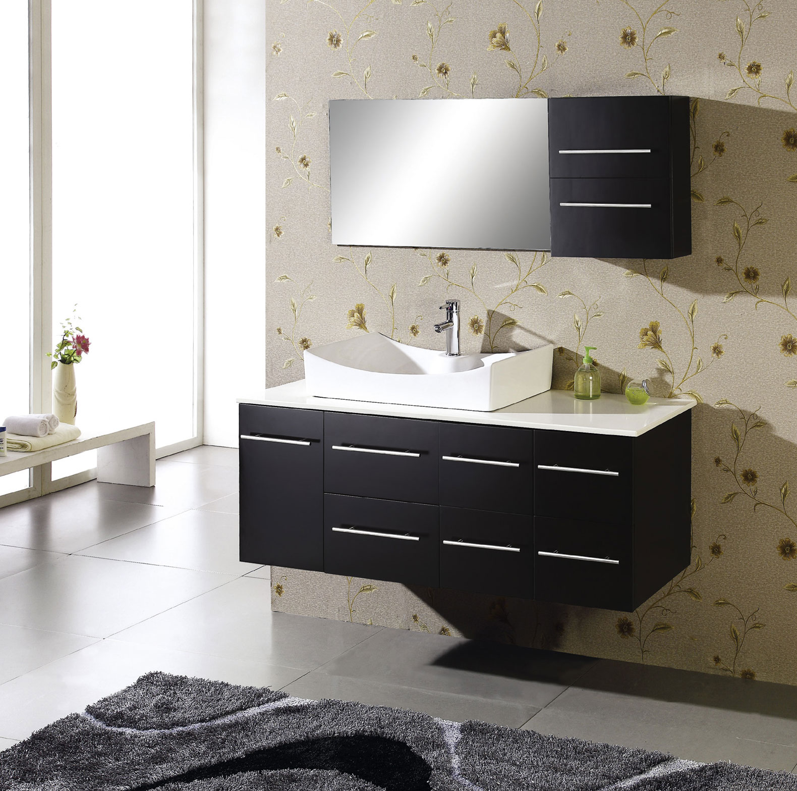Vanity Drawers With Exciting Vanity Drawers In Black With Bathroom Fixtures Completed By White Sink And Mirror And Furnished With Grey Soft Rug Bathroom Decorating Bathroom With Bathroom Fixtures