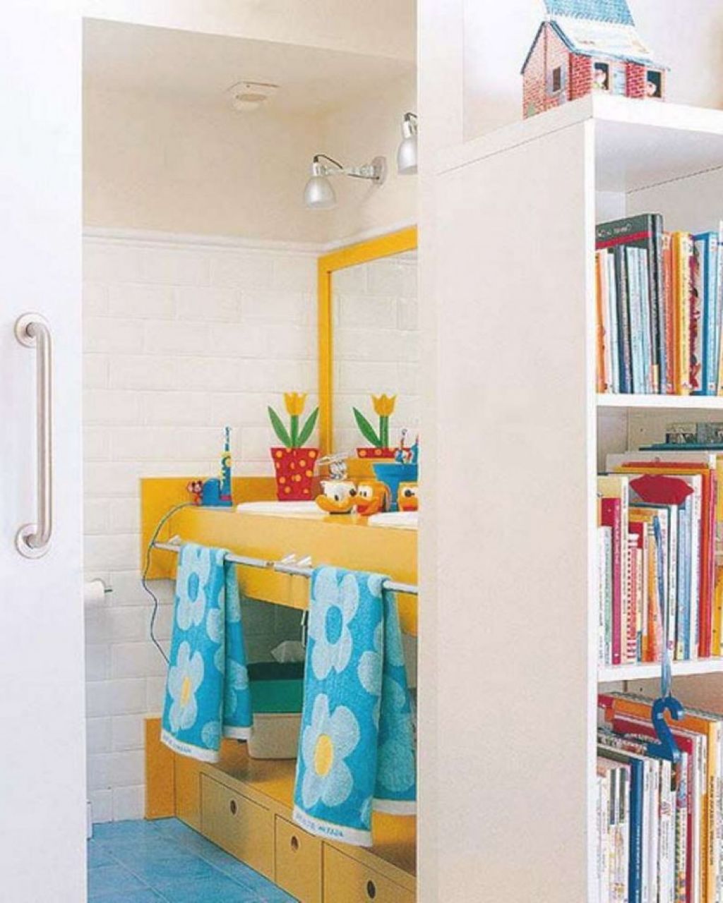 Bookshelf Room With Exciting White Bookshelf Room Divider Mixed With Trendy Kids Bathroom Ideas With Polka Dots Planter Bathroom Cheerful And Friendly Bathroom Ideas For Kids
