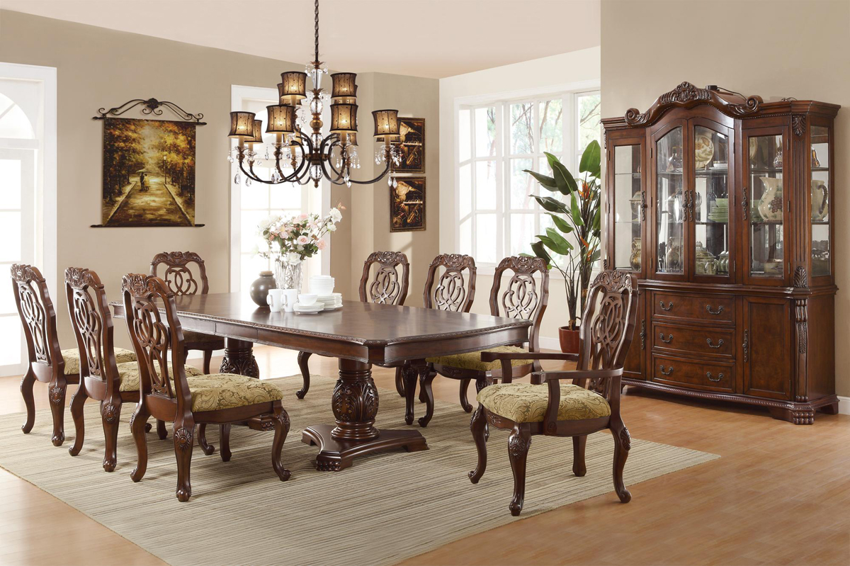 Wooden Furnitures Dining Exciting Wooden Furniture Of Formal Dining Room Sets With Cupboard Also Elongated Table And Chairs Decorated With Table Decorations And Furnished With Chandelier Dining Room Formal Dining Room Sets For Contemporary Interiors
