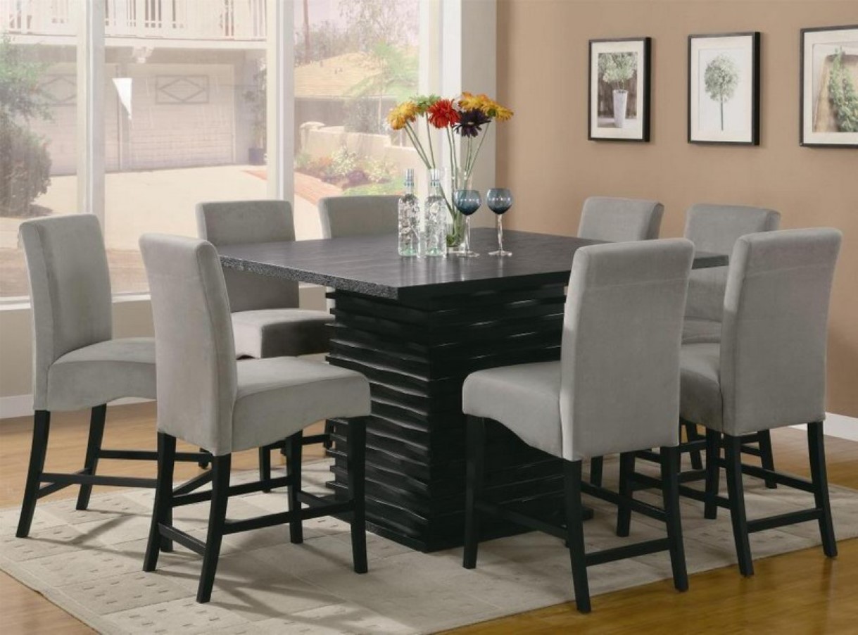 Gray Upholstered Around Exotic Gray Upholstered Kitchen Table Around Square Black Table Set On Brown Rug Cozy Square Table For Kitchen As Bar And Additional Dining Room
